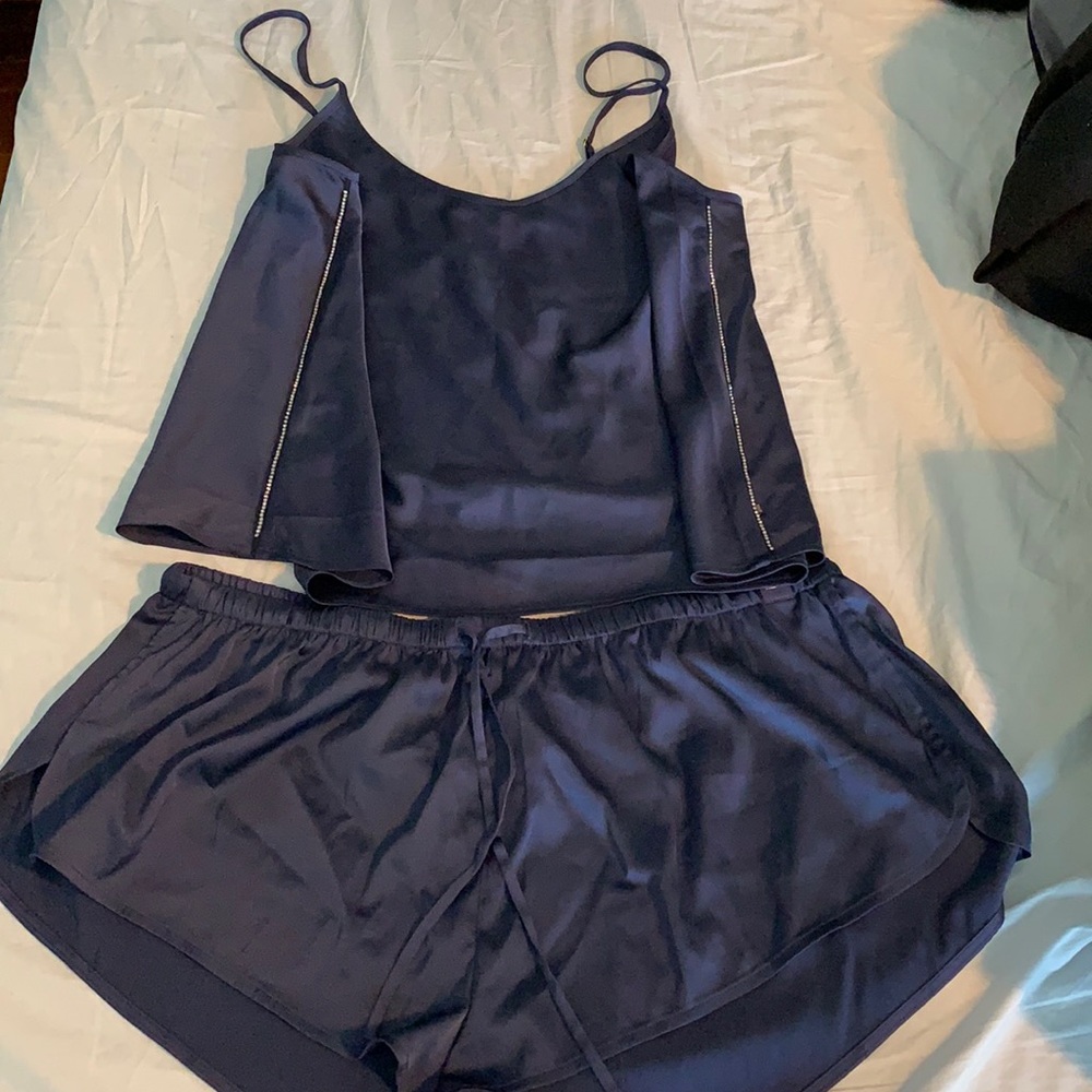 Dark blue, satin pjs with rhinestone detailing